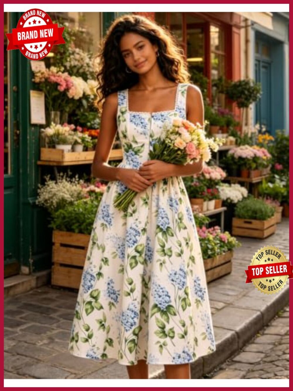 RIHOAS Floral Midi A-Line Sundress Square Neck Sleeveless Summer Wedding Guest - Picture 2 of 6